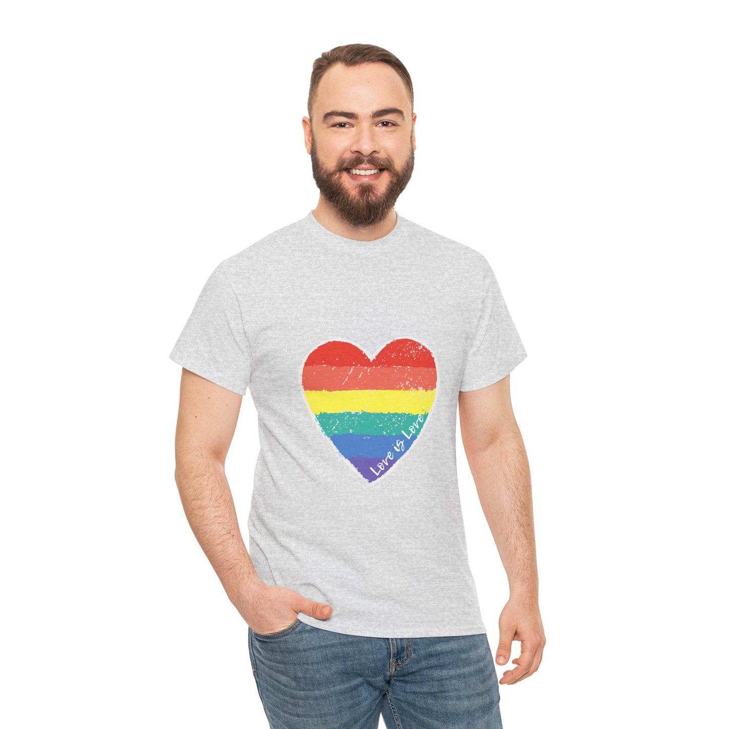 Unisex Heavy Cotton Tee - Love Is Love Rainbow Heart