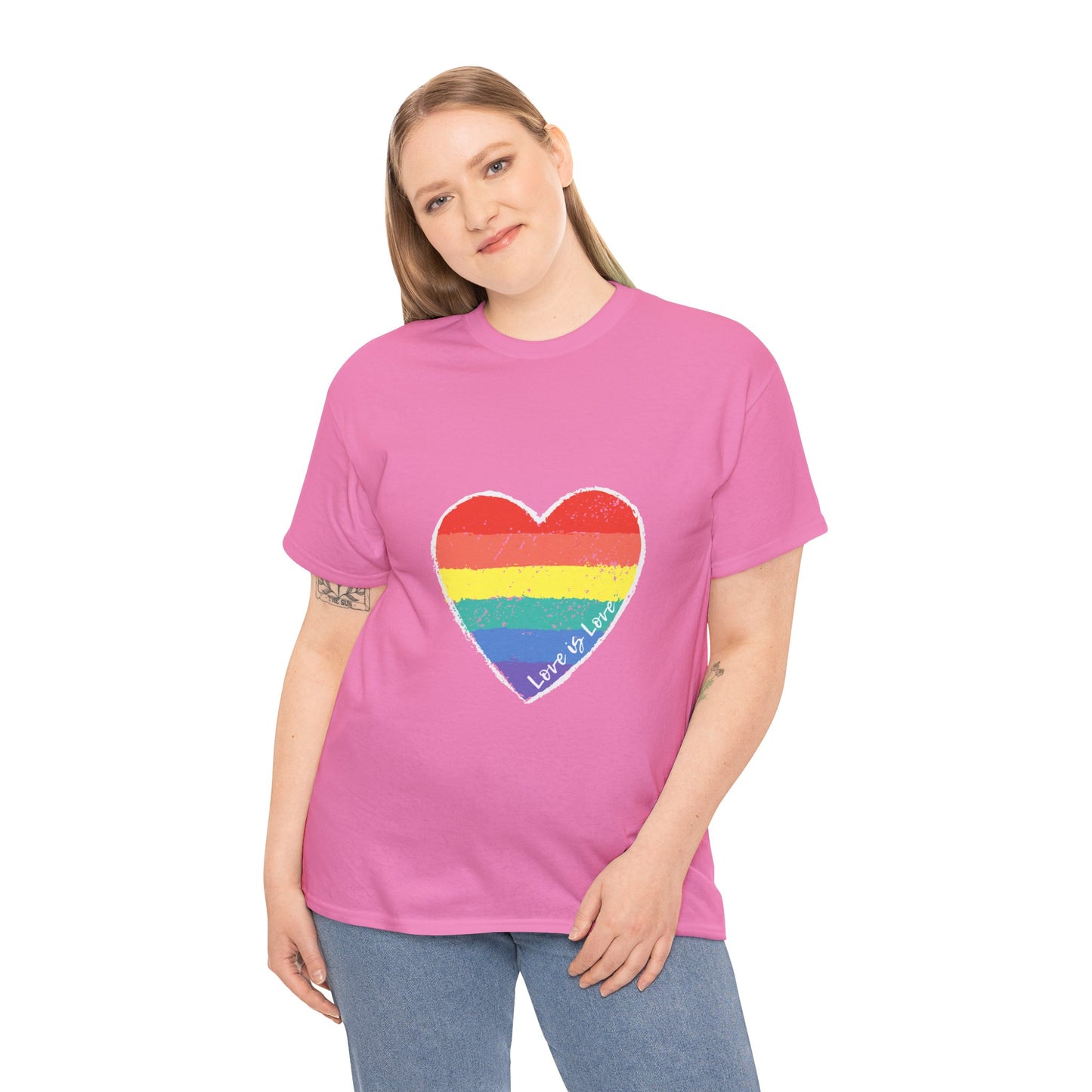 Unisex Heavy Cotton Tee - Love Is Love Rainbow Heart