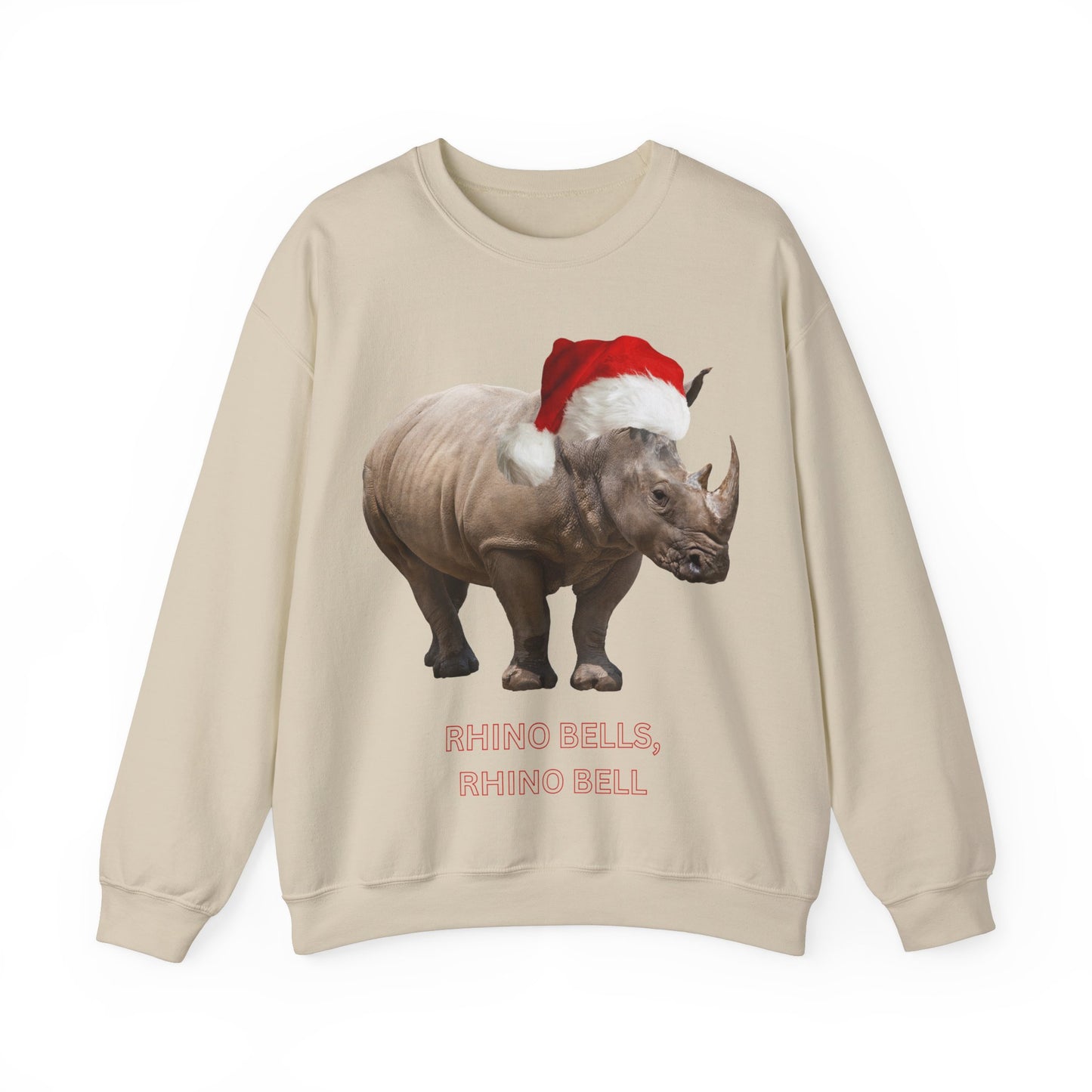 vibrant Rhino themed christmas jumper for animal lovers and wildlife lovers. Rhino Bells - play on jingle bells christmas song