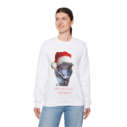 vibrant Emu themed christmas jumper for animal lovers and wildlife lovers. Emu-gle all the way - play on jingle all the way christmas song