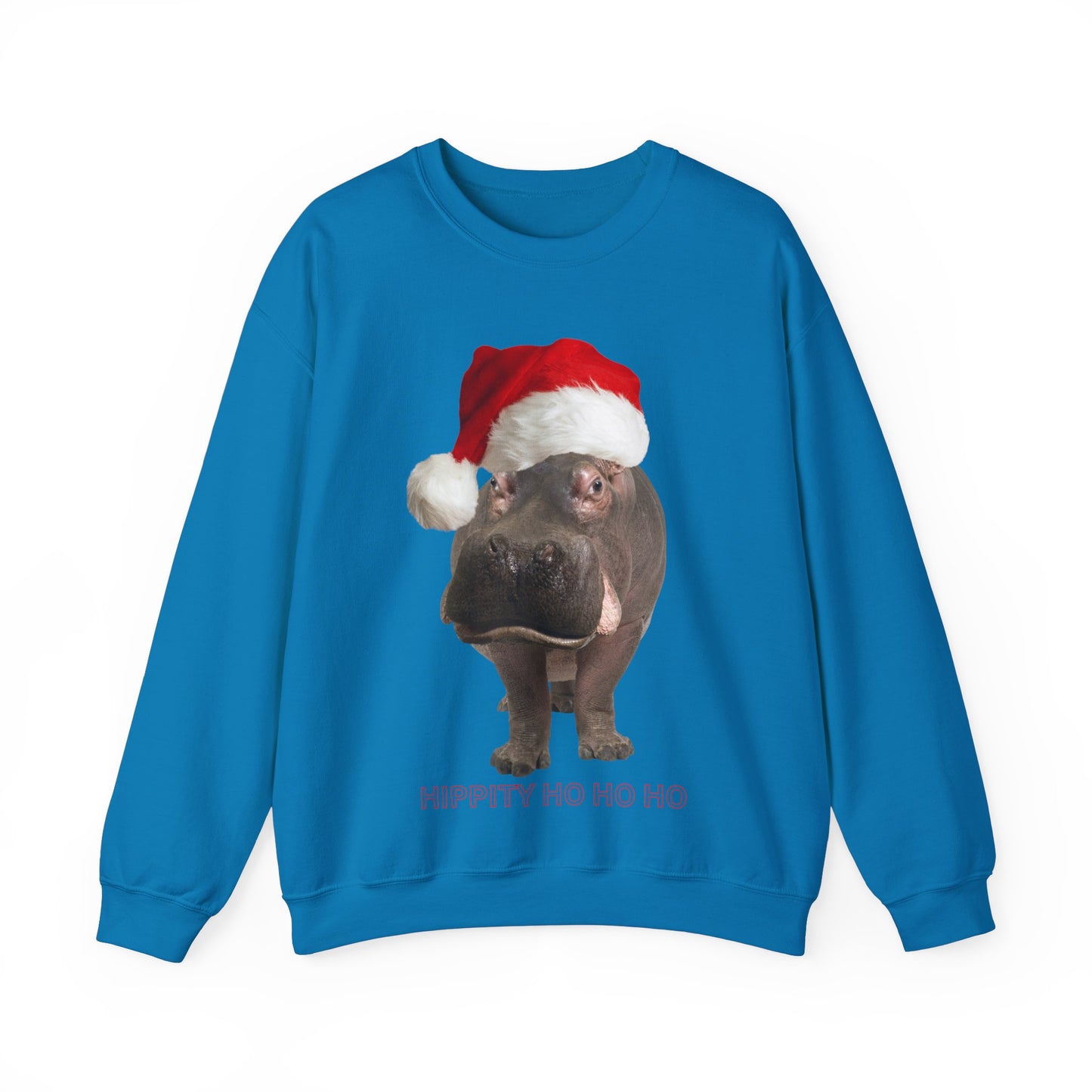 vibrant hippo themed christmas jumper for animal lovers and wildlife lovers. Hippity-ho ho ho