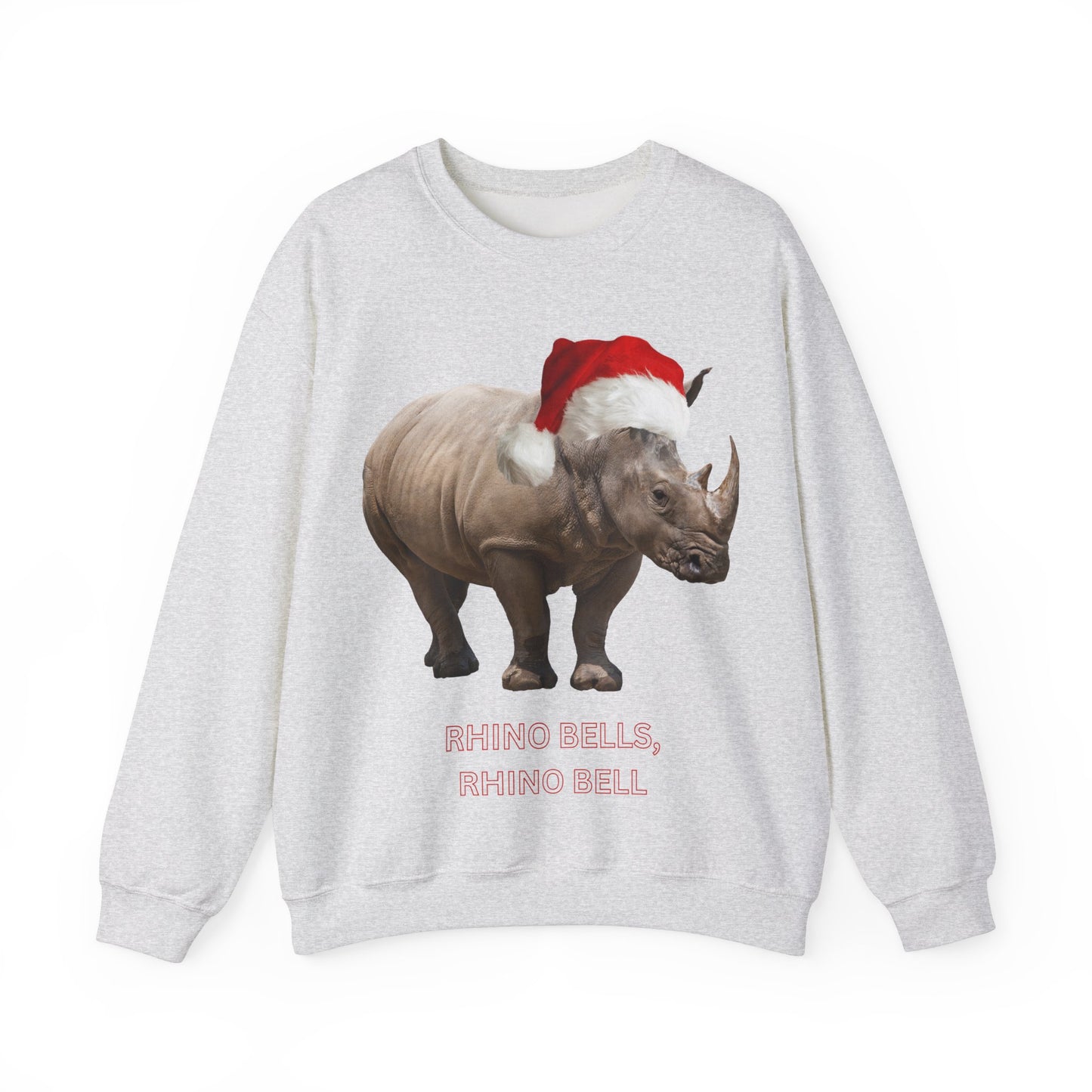 vibrant Rhino themed christmas jumper for animal lovers and wildlife lovers. Rhino Bells - play on jingle bells christmas song