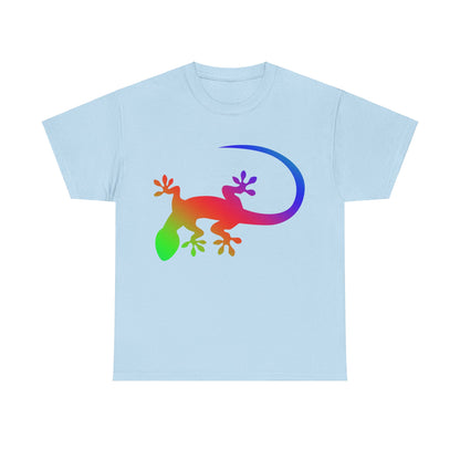 vibrant animal lover t-shirt with colourful rainbow gecko outline. Great for as a gift. Great for wildlife adventures.