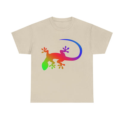 vibrant animal lover t-shirt with colourful rainbow gecko outline. Great for as a gift. Great for wildlife adventures.