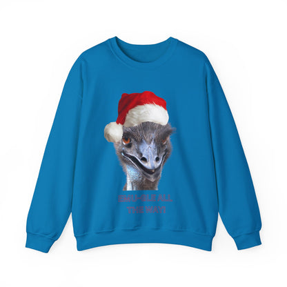 vibrant Emu themed christmas jumper for animal lovers and wildlife lovers. Emu-gle all the way - play on jingle all the way christmas song