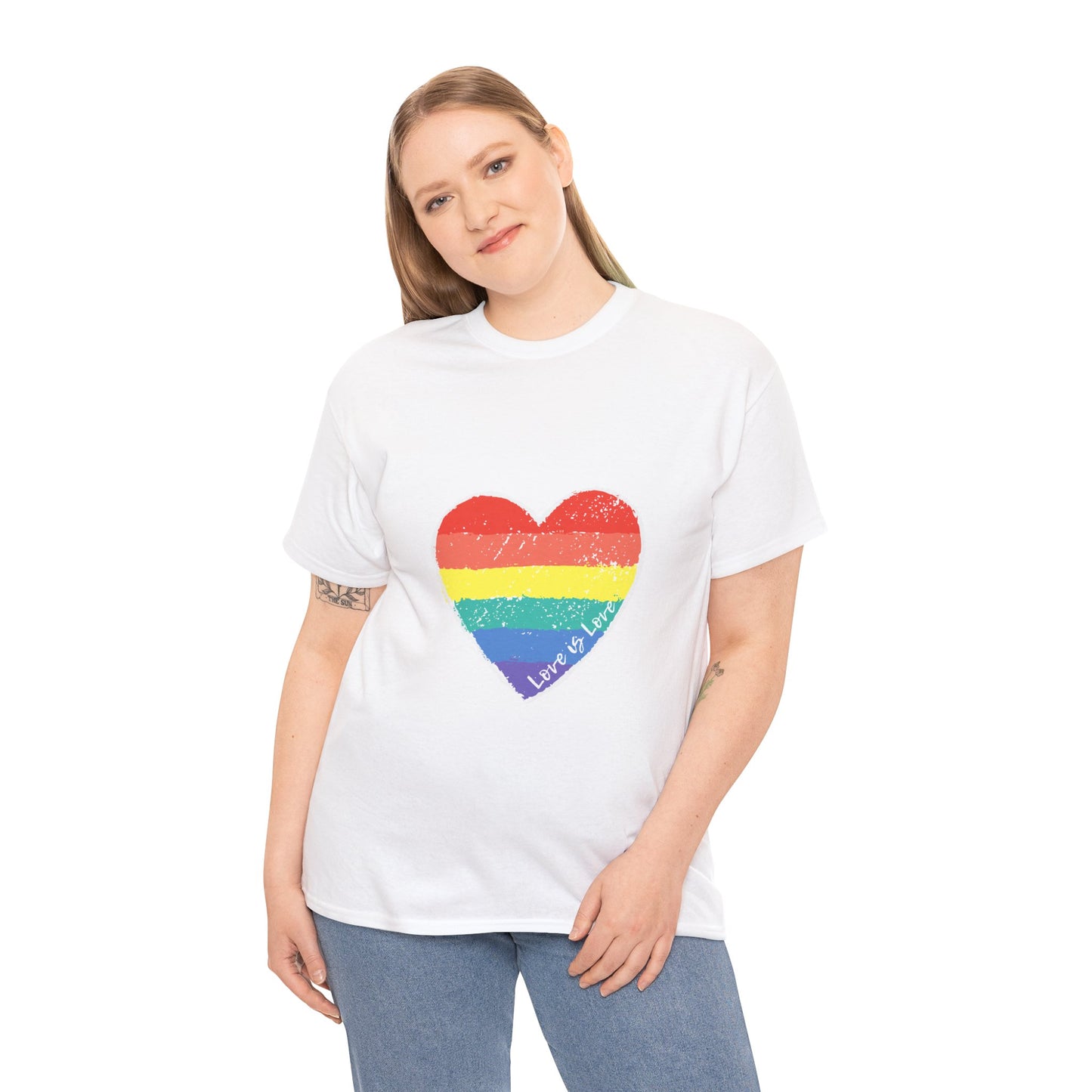 Unisex Heavy Cotton Tee - Love Is Love Rainbow Heart