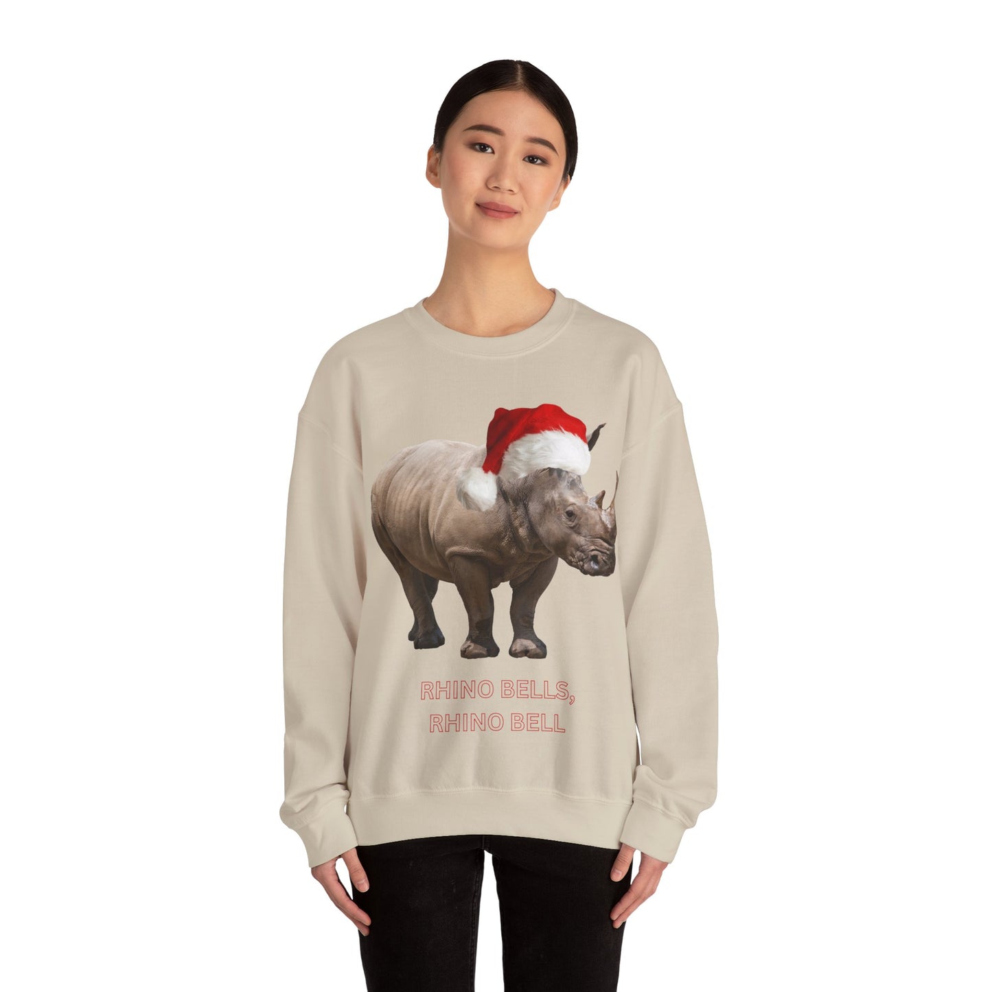 vibrant Rhino themed christmas jumper for animal lovers and wildlife lovers. Rhino Bells - play on jingle bells christmas song