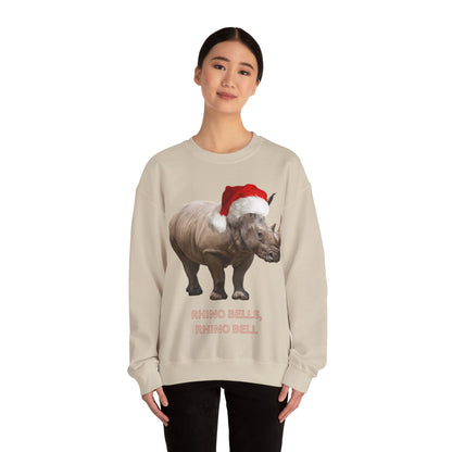 vibrant Rhino themed christmas jumper for animal lovers and wildlife lovers. Rhino Bells - play on jingle bells christmas song