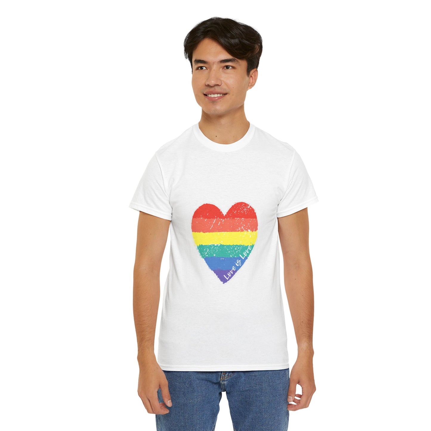 Unisex Heavy Cotton Tee - Love Is Love Rainbow Heart