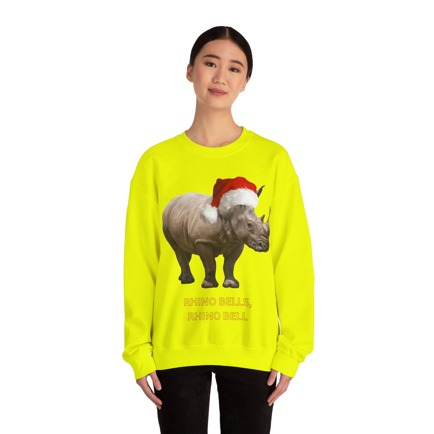 vibrant Rhino themed christmas jumper for animal lovers and wildlife lovers. Rhino Bells - play on jingle bells christmas song