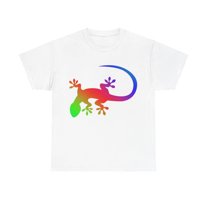 vibrant animal lover t-shirt with colourful rainbow gecko outline. Great for as a gift. Great for wildlife adventures.