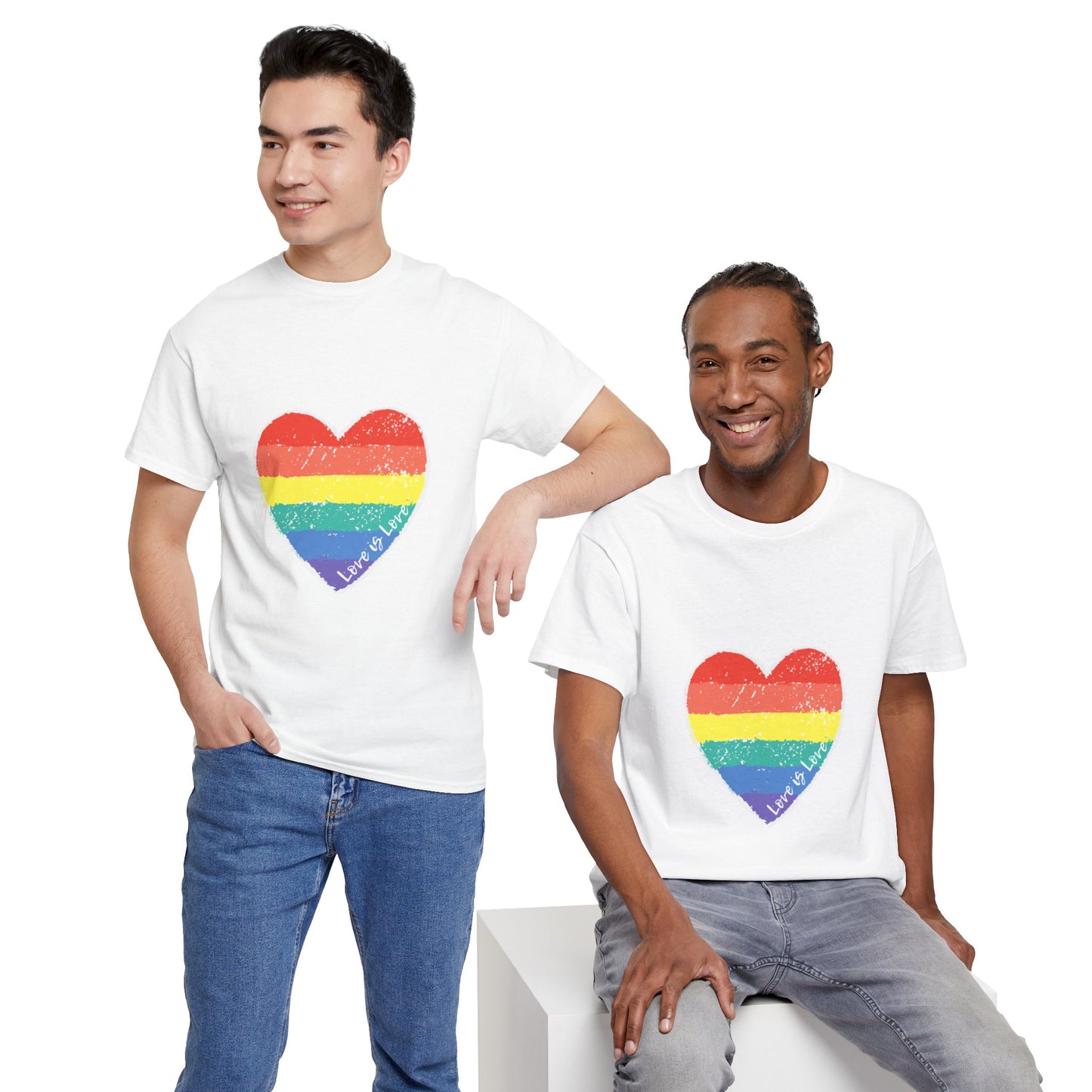 Unisex Heavy Cotton Tee - Love Is Love Rainbow Heart